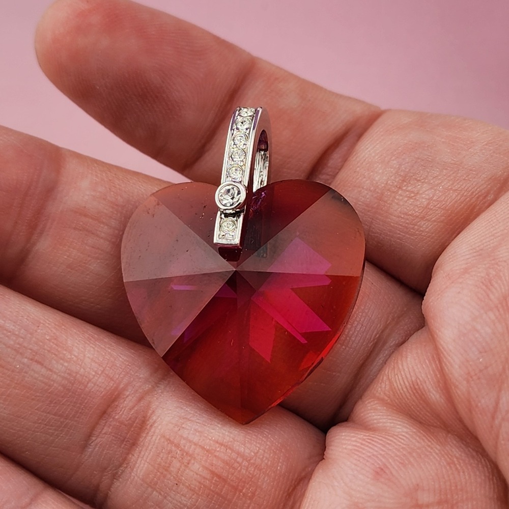 Swarovski Red Crystal Heart Pendant Silver Tone Clear Rhinestone Romantic Charm